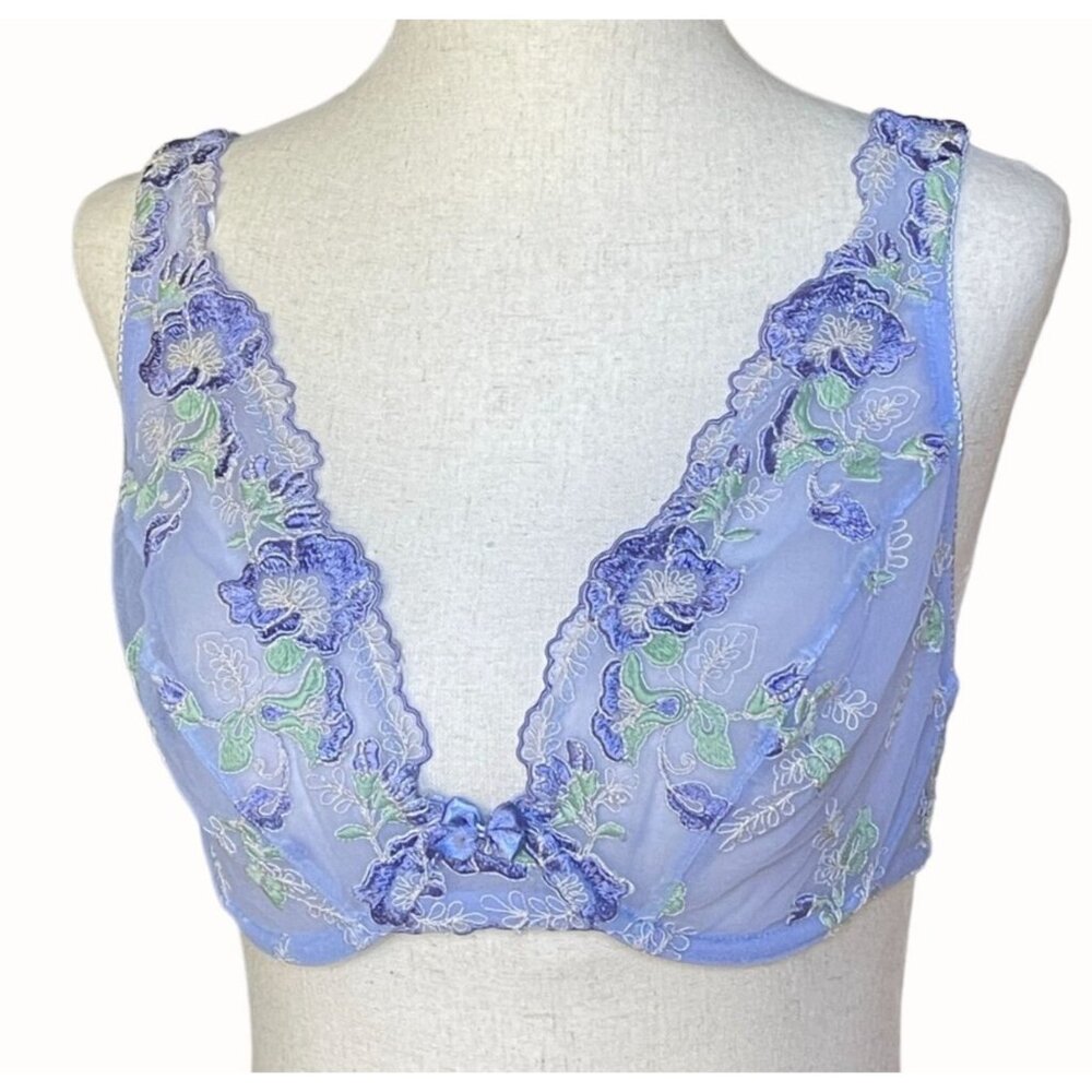 Victoria's Secret Purple Embroidered Floral Sheer Demi Underwire Bra 34 D 34D